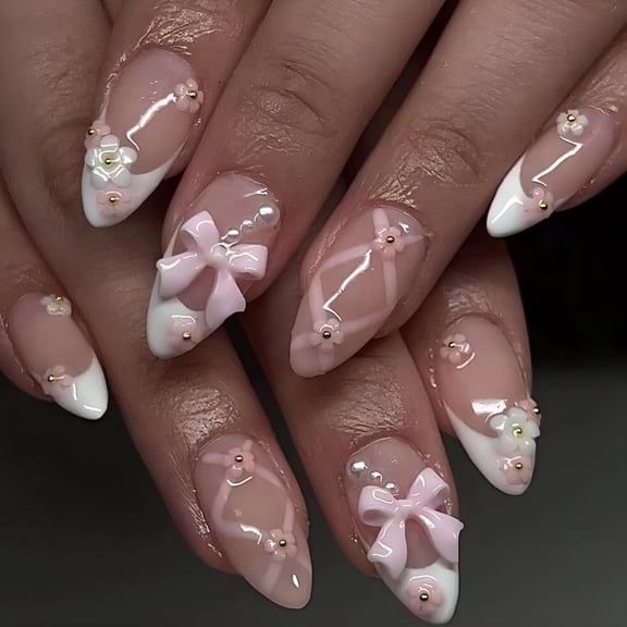 RAGUPEL White French Tip Press on Nails Short Almond Fake Nails with Bow Pearl Flower Charm Designs Light Pink Full Cover Glue on Nails Press Ons Cute Acrylic False Nails for Women Girls 24 Pcs