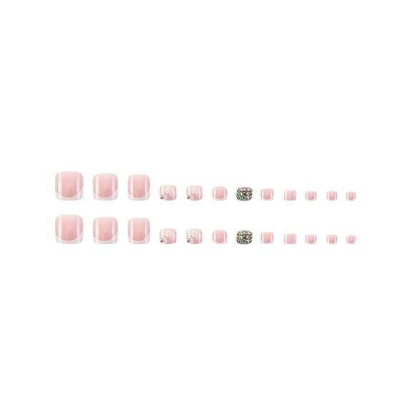 RAGUPEL White French Tip Press on Toenails Short Square Fake Toenails with 5D Rhinestones Charm Design Flower False Toenails Glossy Summer Glue on Toenail Natural Toenail for Women Manicure 24Pcs