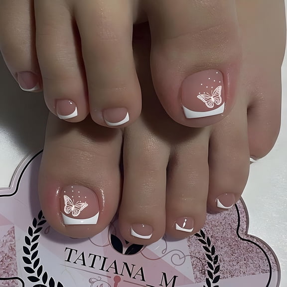 RAGUPEL White French Tips Press on Toenails Short Square Fake Toenails with White Butterfly Design Summer Stick on Toenails Glossy Skintones False Toenail Full Cover Toenail for Women Girls Manicure