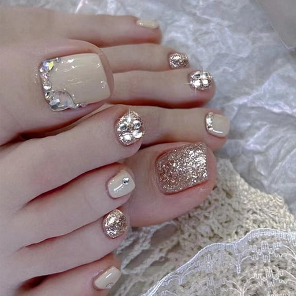 RAGUPEL White Press on Toenails Gold Glitter Rhinestone Design Square Fake Toenails Luxurious Short Acrylic False Toes Nails Cute Artificial Beach Full Cover Toenail White for Women and Girls 24Pcs