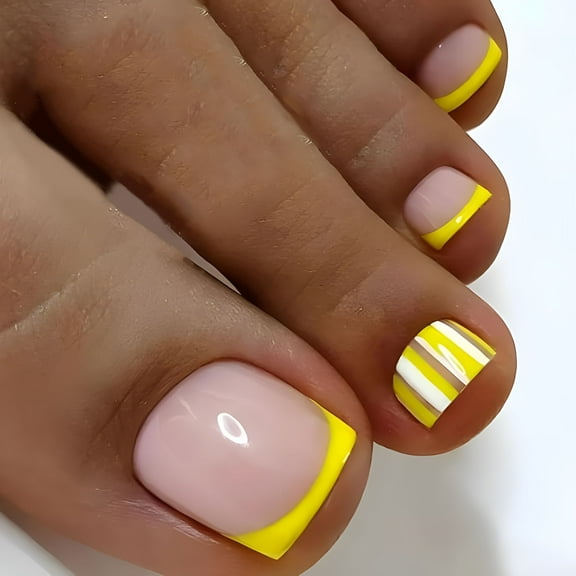 RAGUPEL Yellow French Tip Press on Toe Nails Summer Fake Toe Nails Short Square Acrylic Toe Nails with Stripe Design False Toenails Full Cover Toe Nails Press ons Square Glue on Toe Nails for Women