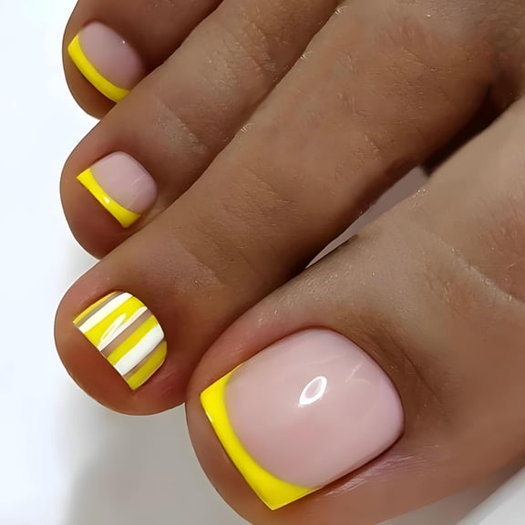 RAGUPEL Yellow French Tip Press on Toe Nails Summer Fake Toe Nails Short Square Acrylic Toe Nails with Stripe Design False Toenails Full Cover Toe Nails Press ons Square Glue on Toe Nails for Women