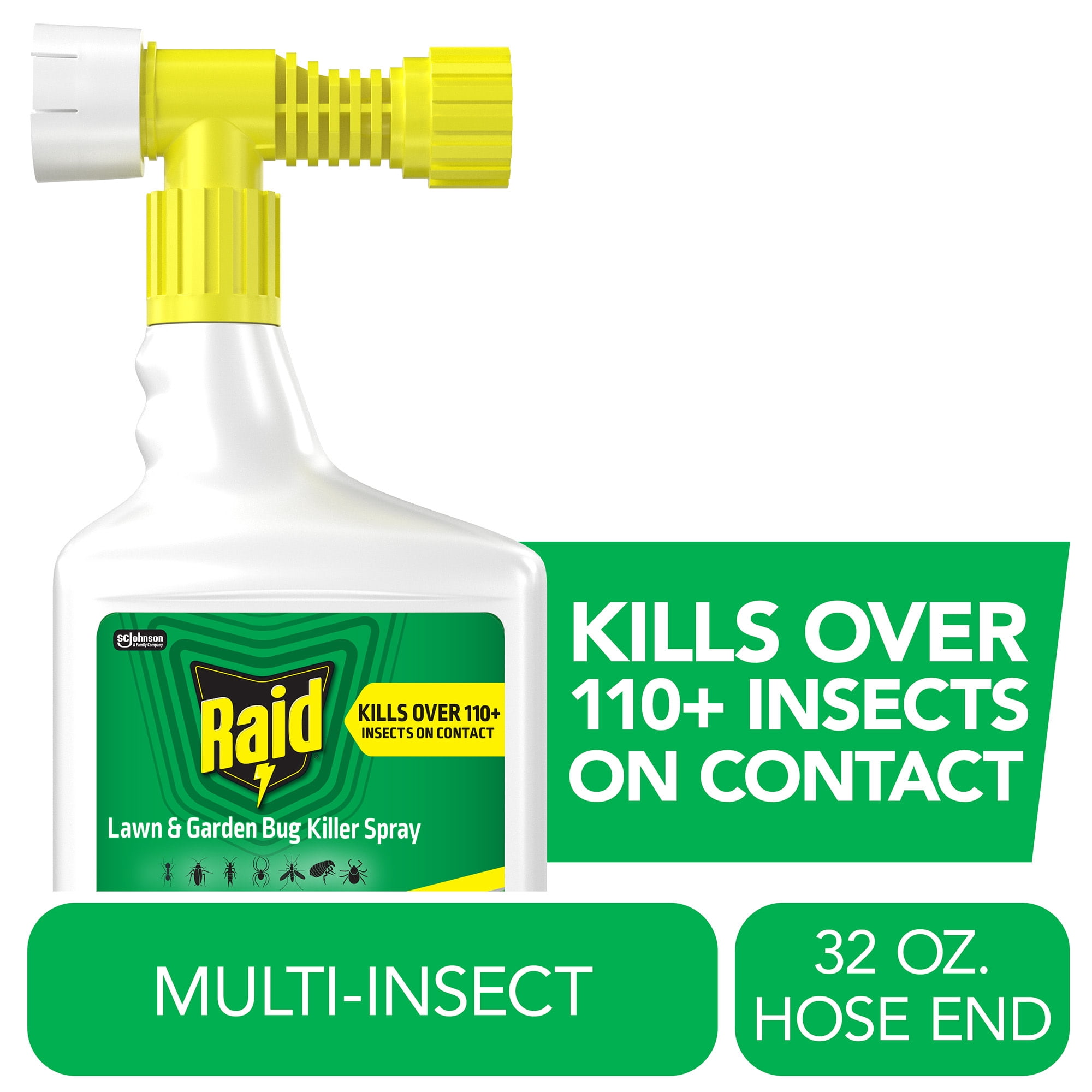 Raid Outdoor Lawn and Bug Killer Spray, Garden Hose Attachment for Outside Household Use on 110+ Insects, 8 Week Control, Fast and Easy, Spot and Perimeter Treatment, 32 fl oz