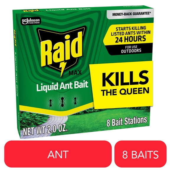 Raid Outdoor Liquid Ant Bait, Starts Killing Listed Ants Within 24 Hours, Effective Outdoors, Pre-Filled and Ready-To-Use, 8 Bait Stations Per Pack, 2 fl oz