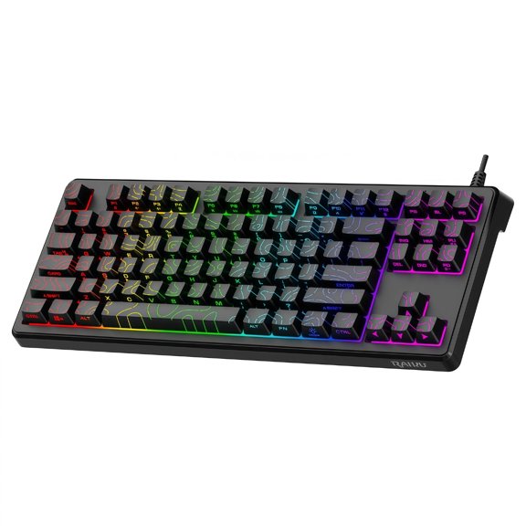 RAIKU 87-Key Wired Gaming Keyboard, Side-Printed Keycaps, Rainbow Backlit TKL Keyboard with Topographic Contour Design, USB Keyboard for PC, Laptop, Office and Gaming, Black