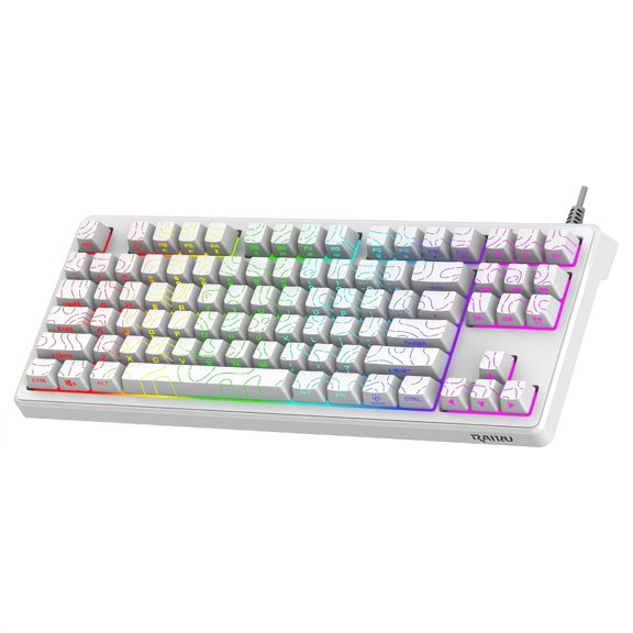 RAIKU 87-Key Wired Gaming Keyboard, Side-Printed Keycaps, Rainbow Backlit TKL Keyboard with Topographic Contour Design, USB Keyboard for PC, Laptop, Office and Gaming, White
