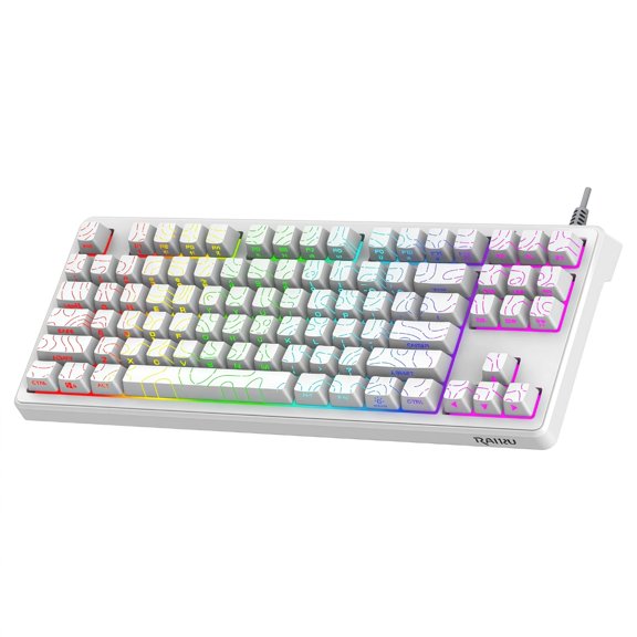 RAIKU 87-Key Wired Gaming Keyboard, Side-Printed Keycaps, Rainbow Backlit TKL Keyboard with Topographic Contour Design, USB Keyboard for PC, Laptop, Office and Gaming, White