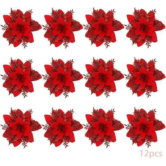 RAIN 12 Pcs Christmas Glitter Artificial Poinsettia Flowers ( Red )
