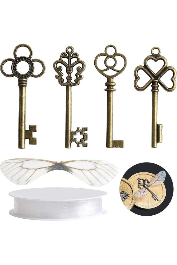 40 Pieces Bronze Skeleton Keys Vintage Decoration Flying Keys Charms with Dragonfly Wings, Antique DIY Charms for DIY Craft Key Necklace Pendants