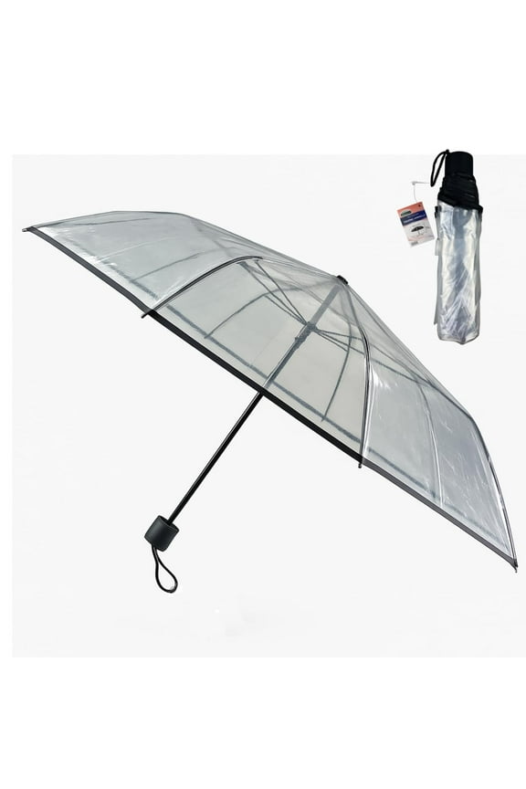 RAIN GUARD Clear Folding Umbrella  Compact Travel Size, Manual Open with Strong Frame  41" Canopy, 9.5" Folded  See-Through Rain Umbrella for Adults and Teens