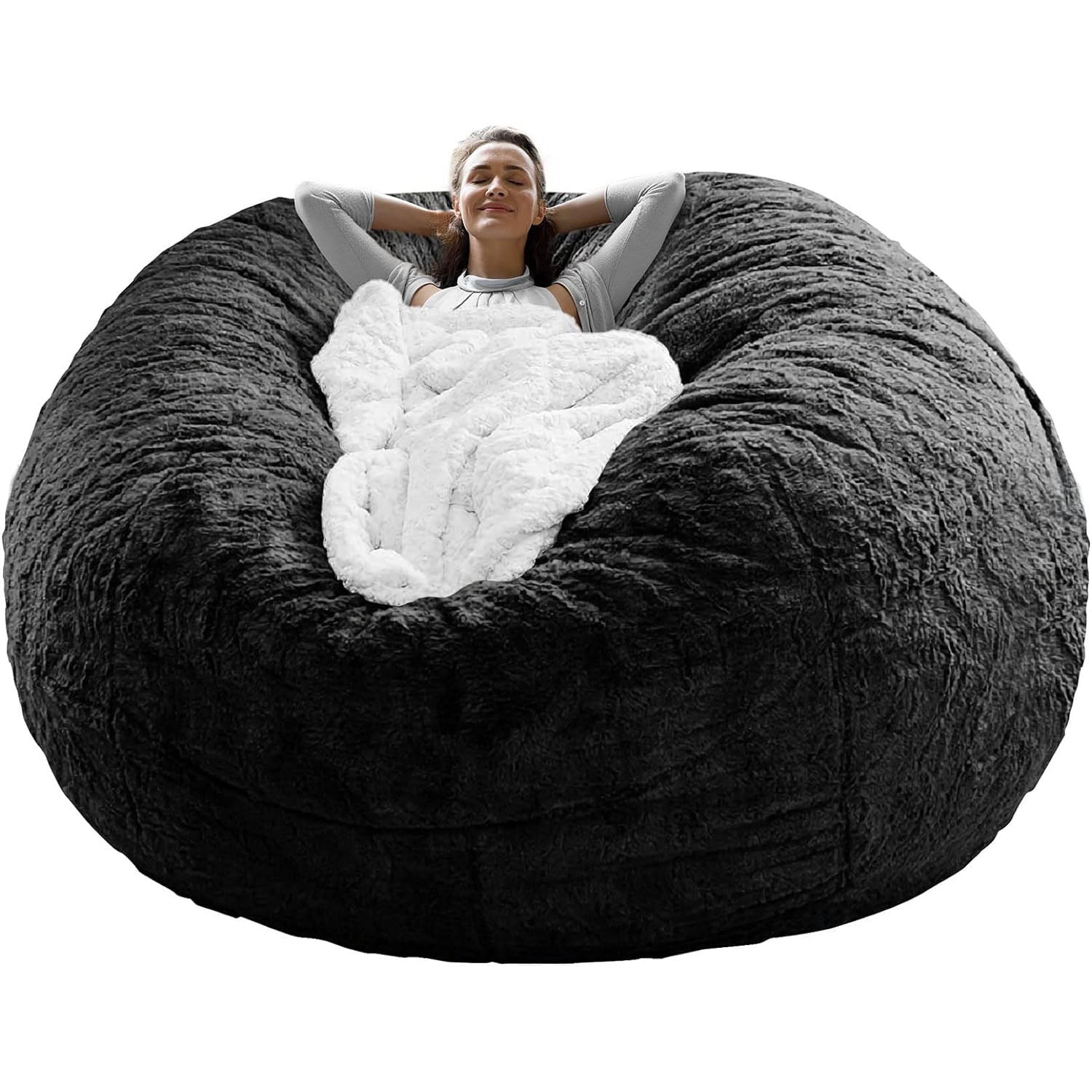 RAINBEAN Bean Bag Chair Cover(it was only a Cover, not a Full Bean Bag) Chair Cushion, Big Round Soft Fluffy PV Velvet, Living Room Furniture, Lazy Sofa Bed Cover,5ft Black(Cover Only)
