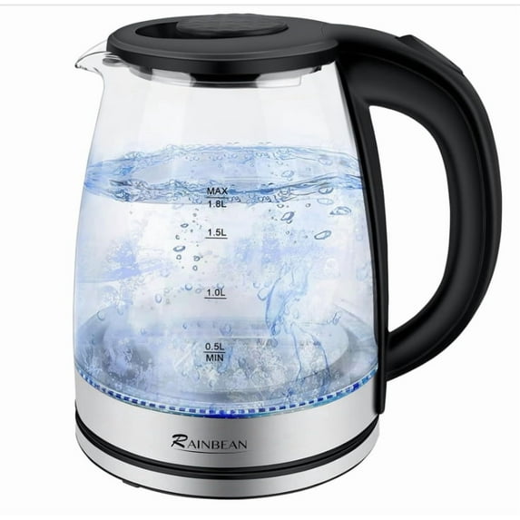 RAINBEAN 1.8L Electric Kettle Water Boiler, Electric Tea Kettle with LED Light, Auto Shut-Off & Boil Dry Protection, Glass Black