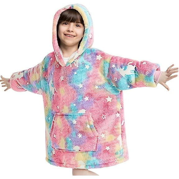 RAINBEAN Glow in The Dark Wearable Blanket Hoodie with Pocket for Kids 3-6 Birthday Gifts, Soft Warm Sherpa Oversize Blankets Sweatshirt