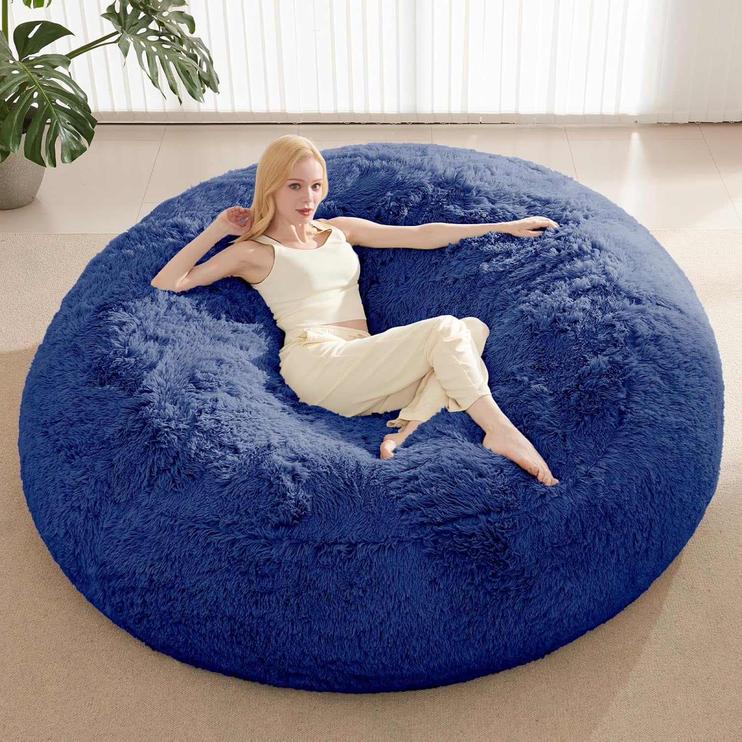 RAINBEAN Large Bean Bag Chair Cover, Plush Bean Bags Chairs Cover Only Without Filler Included, Beanbag Chairs for Adults, Teens, Kids, Dark Blue 5FT