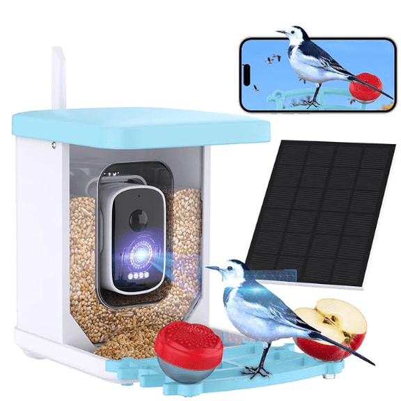 RAINBEAN Smart Bird Feeder with Camera Solar Powered, 4MP AI Identify Wild Bird Watching Camera, Auto Capture Bird Videos & Motion Detection, DIY Add-ons & Hummingbird Feeder for Bird Watching Lover