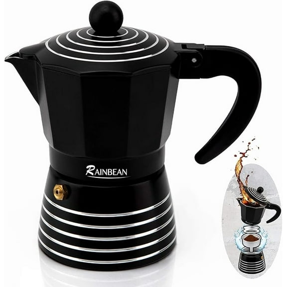 RAINBEAN Stovetop Espresso Maker 6 Cup Moka Pot,Italian Cuban Greca Coffee Maker,Aluminum Durable and Easy to Use & Clean,300ml (Black)