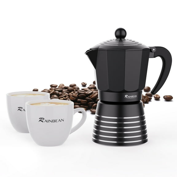 RAINBEAN Stovetop Espresso Maker 6 Cups Moka Pot, Italian Cuban Greca Coffer Maker, Easy to Use & Clean, BLACK Espresso Coffee Percolator, Aluminum & Durable,Best Kitchen Gift