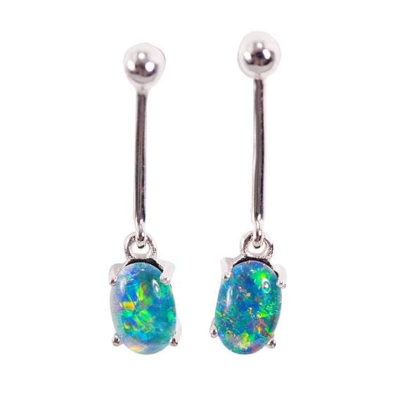 RAINBOW FLASH STERLING SILVER GENUINE AUSTRALIAN OPAL DROP EARRINGS