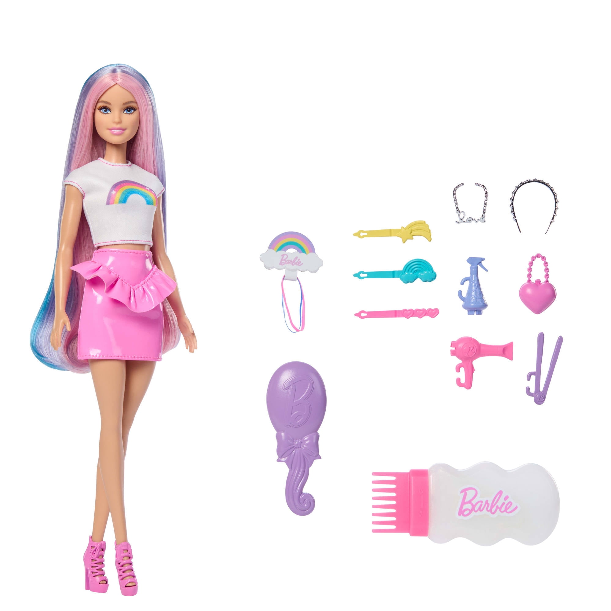 Barbie Rainbow Sparkle Hair Fashion Doll with Extra-Long Hair and 12 Styling Accessories