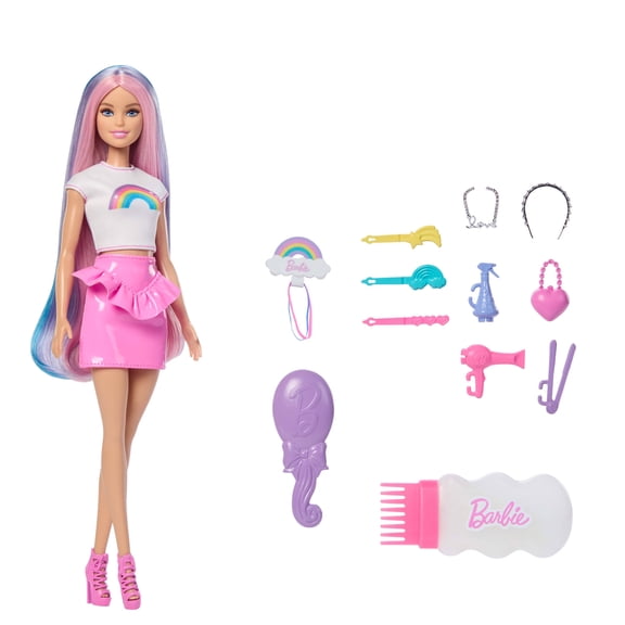 Barbie Rainbow Sparkle Hair Fashion Doll with Extra-Long Hair and 12 Styling Accessories