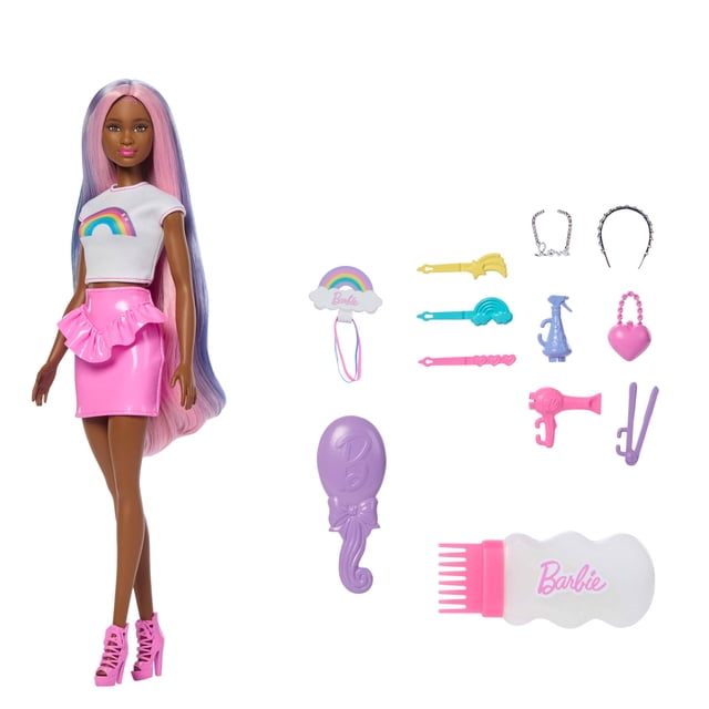 Barbie Rainbow Sparkle Hair Fashion Doll with Extra-Long Hair and 12 Styling Accessories