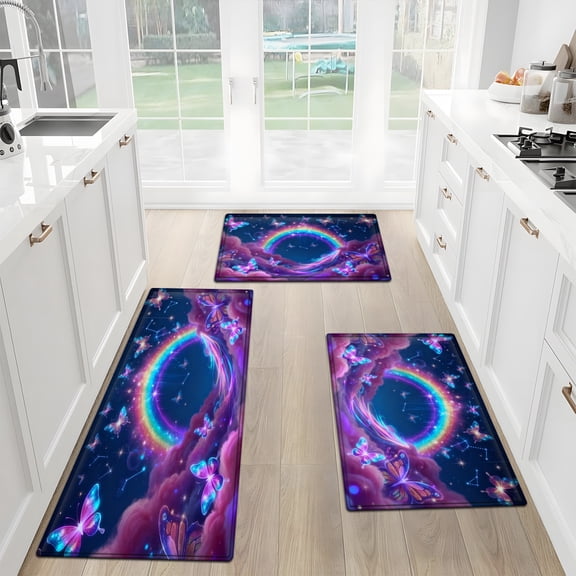 RAINBOW Night Sky Star Flannel Kitchen Rugs, Non-Slip Washable Floor Mat Set, Soft Water-Absorbing Throw Rug for Living Room Bathroom Laundry Decor