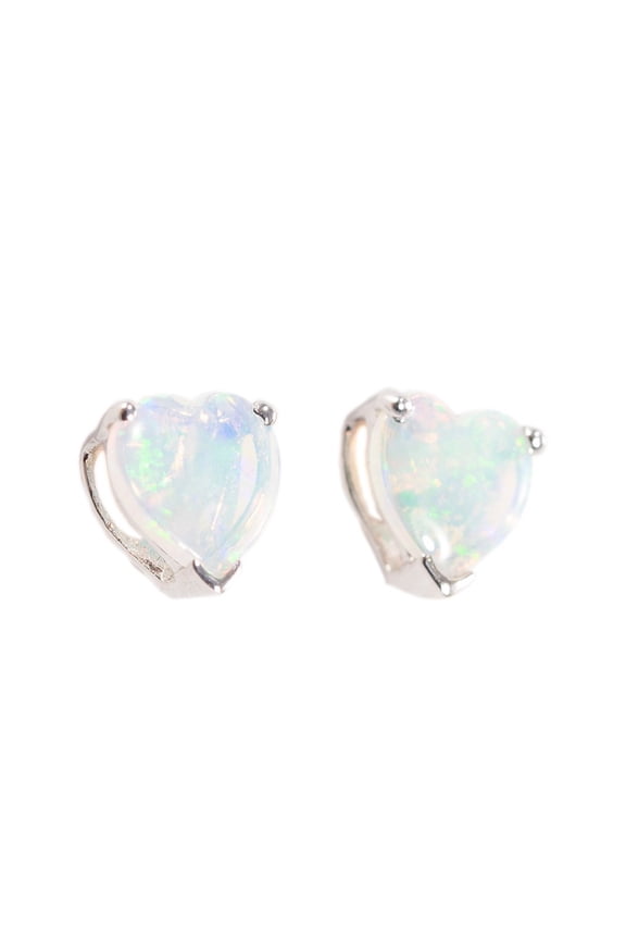 RAINBOW POWDER HEART 14KT WHITE GOLD AUSTRALIAN WHITE OPAL STUD EARRINGS