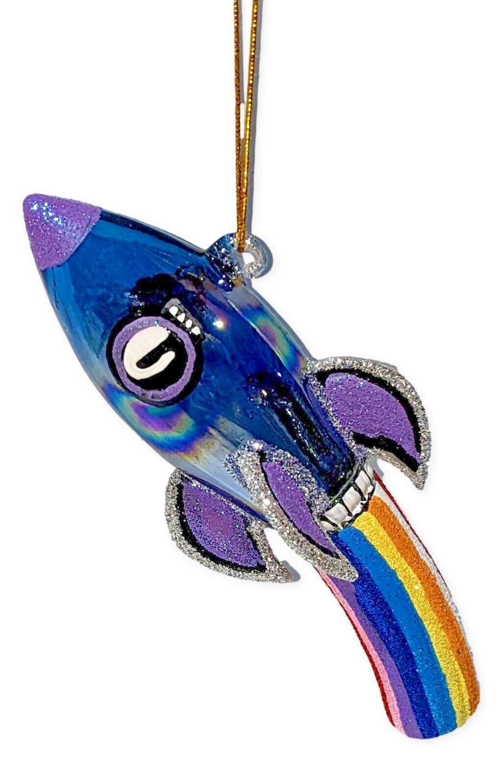 RAINBOW ROCKET SHIP Retro-Style Glass Christmas Ornament, by Cody Foster