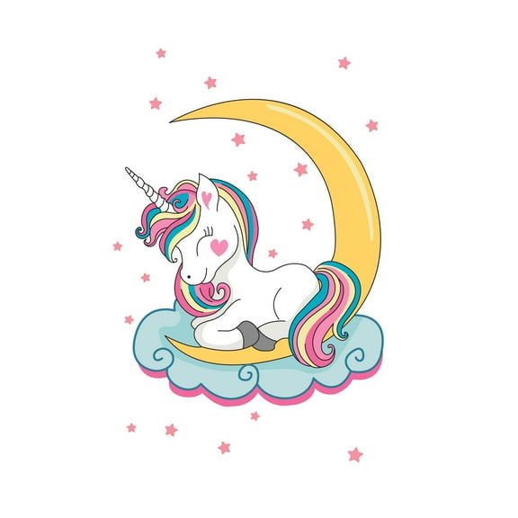 RAINBOW UNICORN - Vinyl Kids Bedroom Living Room Rainbow Unicorn Decoration Legendary Creature Moon Crescent Stars & Cloud Design Wall Decal - Home Art Multicolored Horse Wall Sticker 6" x 10"