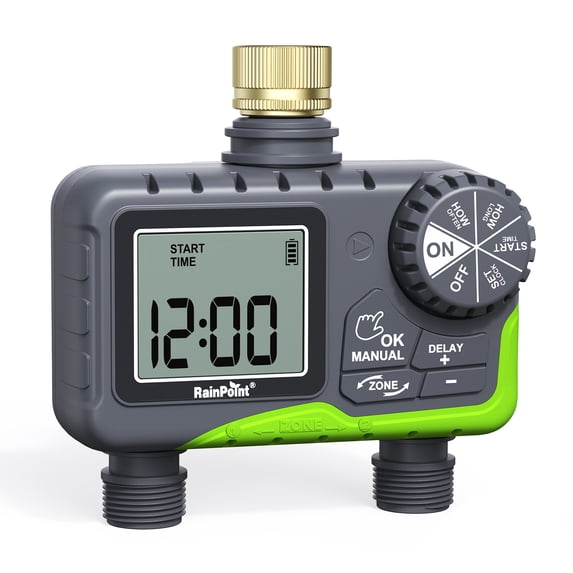 RainPoint Sprinkler Timer Dual Zones Automatic Irrigation System Controller, Easy Programming Hose Timer, 7-Day/12H Scheduling for Garden/Yard (Green, Brass Inlet)