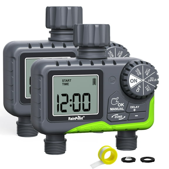 RainPoint 2PCS Garden Hose Timer 2 Outlet Greenhouse Irrigation Faucet Sprinkler Water Timer Garden Yard Watering, ITV205 Two-piece Pack