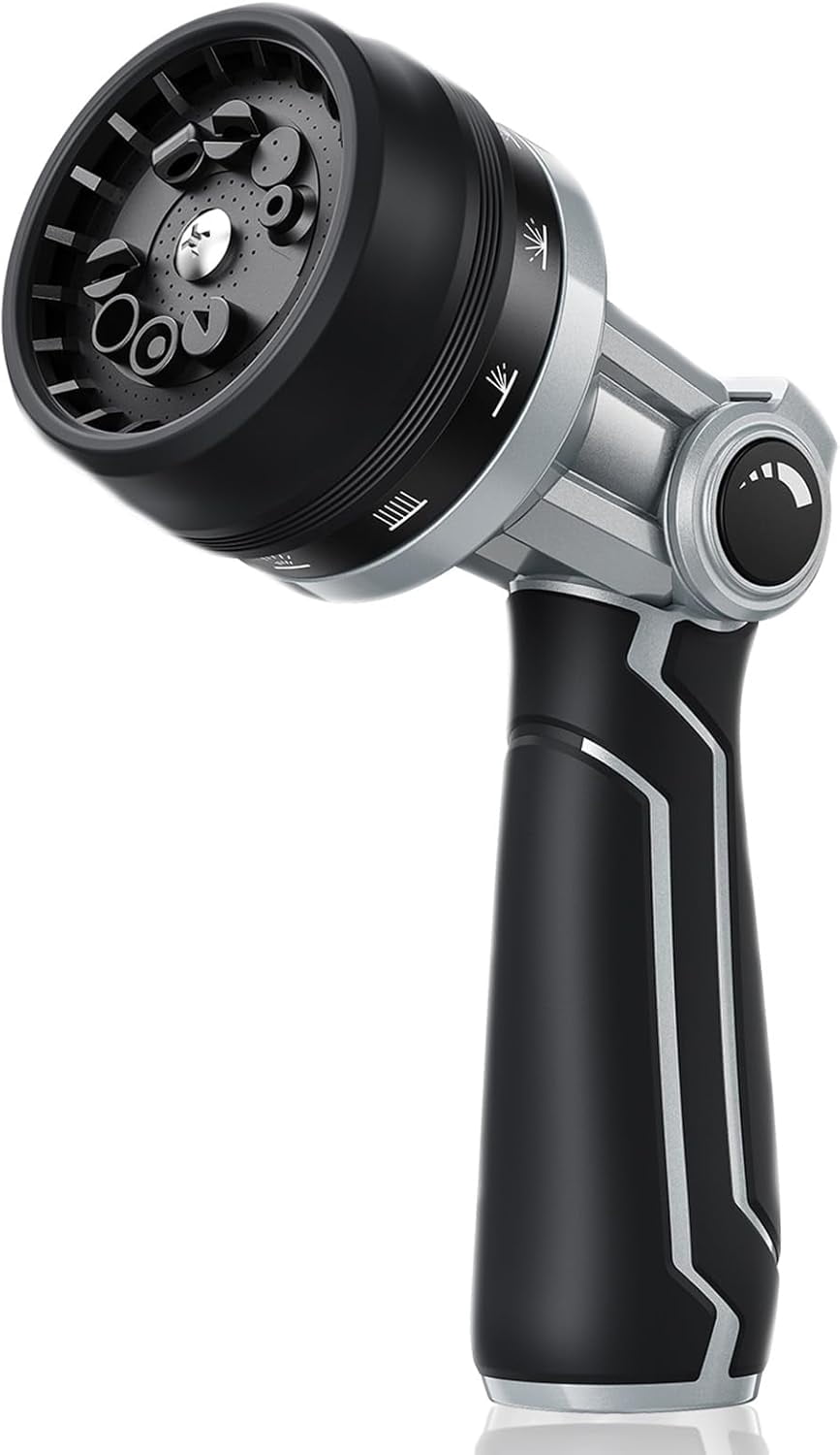Heavy Duty Full-Metal Garden Hose Nozzle, Water Hose Nozzle Sprayer with 10 Adjustable Patterns & High Flow, Thumb Control for Flow Adjustment, Ideal for Watering, Washing, Cleaning