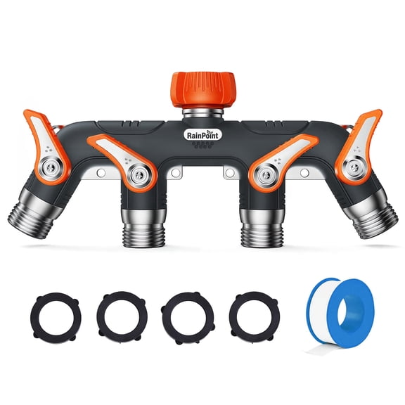RainPoint 4-Way Heavy Duty Metal Garden Hose Splitter, Extra Long Handle, 3/4" GHT High Flow Outdoor Faucet Splitter with 4 Independent Shut Off Valves, Leak-Proof Brass Swivel,  Orange