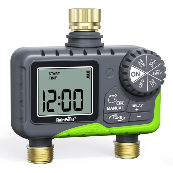 RainPoint Dual Zone Hose Sprinkler Timer, Brass Connector Irrigation Controller, Rain Delay, Manual/Auto Mode, Lawn and Garden Watering, Green - ITV205