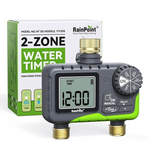 RainPoint Dual Zone Hose Sprinkler Timer, Brass Connector Irrigation Controller, Rain Delay, Manual/Auto Mode, Lawn and Garden Watering, Green - ITV205