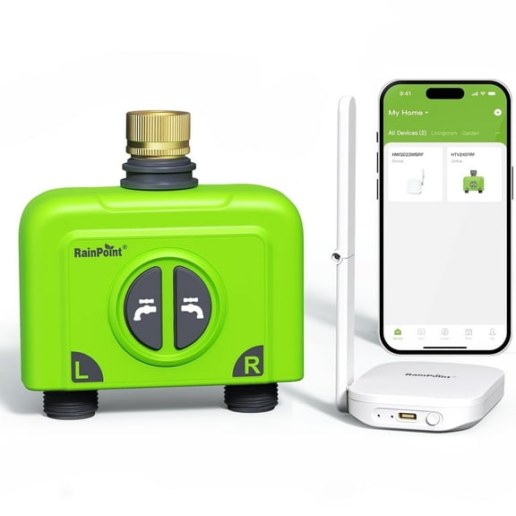 RainPoint Smart Sprinkler Timer 2 Zone Irrigation System for Garden Watering, HTV245B Water Hose Timer and HWG023WRF WI-FI Hub, Brass Inlet Garden Watering APP Controlled