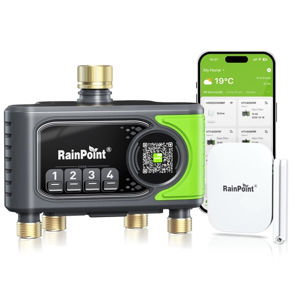 RainPoint WiFi Sprinkler Timer 4 Zone Smart Garden Hose Timer Brass with Latest Gateway HWG023BRF, App/Voice Control, Weather Smart Watering, Auto Schedule