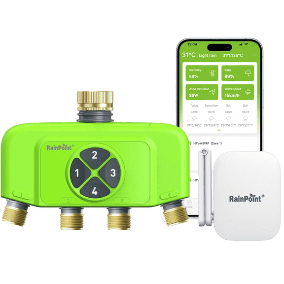 RainPoint WiFi Sprinkler Timer 4 Zone Smart Garden Hose Timer Brass with Latest Gateway HWG023BRF, App/Voice Control, Weather Smart Watering, Auto Schedule