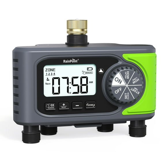 RainPoint 4-zone water timer irrigation controller, garden courtyard lawn multi-scene zone sprinkler IP65 waterproof rainy day delay/auto/manual mode (brass inlet-ITV405)