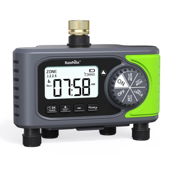 RainPoint 4-zone water timer irrigation controller, garden courtyard lawn multi-scene zone sprinkler IP65 waterproof rainy day delay/auto/manual mode (brass inlet-ITV405)