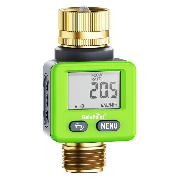 RainPoint Water Flow Meter Pure Brass Connector ±5% Accuracy 180° Flip LCD Screen for Garden Hose Lawn Sprinkler RV Water Tank