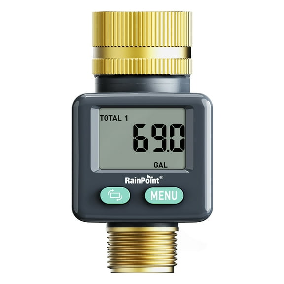 RainPoint Water Flow Meter for RV and Garden Hose Gallon Liter Counter to Gauge Flow Rate Ideal to Monitor Water Tank Filling and Measure Water Usage Brass Metal Inlet and Outlet,modelICS0 18