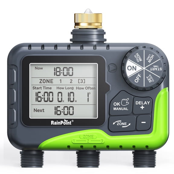 RainPoint 3 Zone Hose Timer with Brass Inlet Irrigation Sprinkler Timer, Large LCD Display, Rain Delay and Manual/Auto Mode, IP65 Waterproof for Yard/Garden Watering