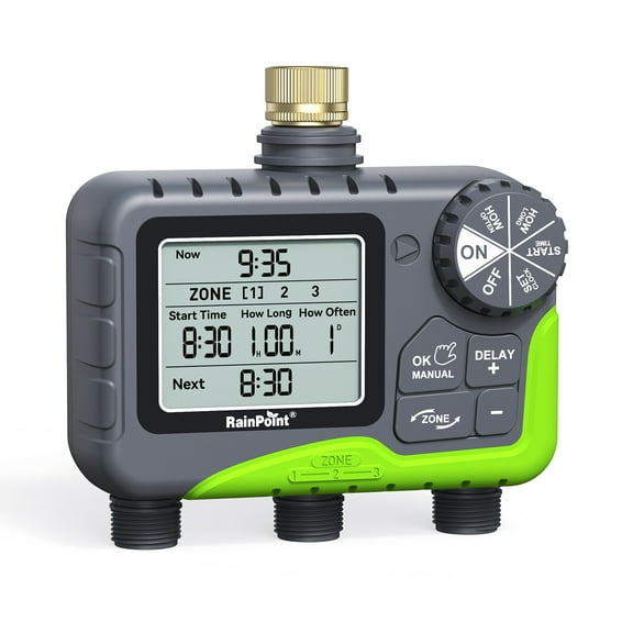 RainPoint 3 Zone Hose Timer with Brass Inlet Irrigation Sprinkler Timer, Large LCD Display, Rain Delay and Manual/Auto Mode, IP65 Waterproof for Yard/Garden Watering