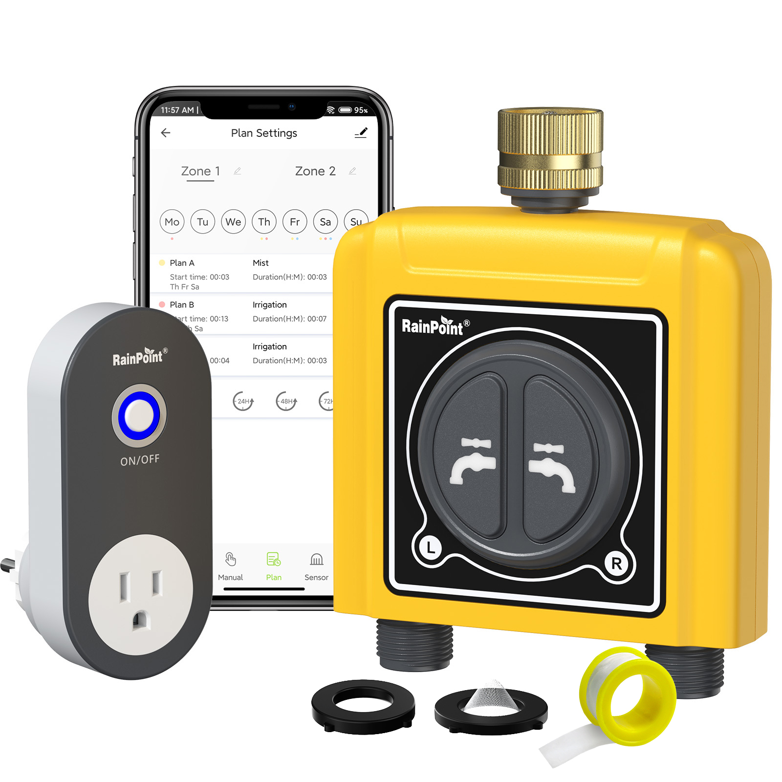 RAINPOINT Wifi Water Timer 2Outlet with Hub, Brass Inlet Smart Hose Timer for Watering
