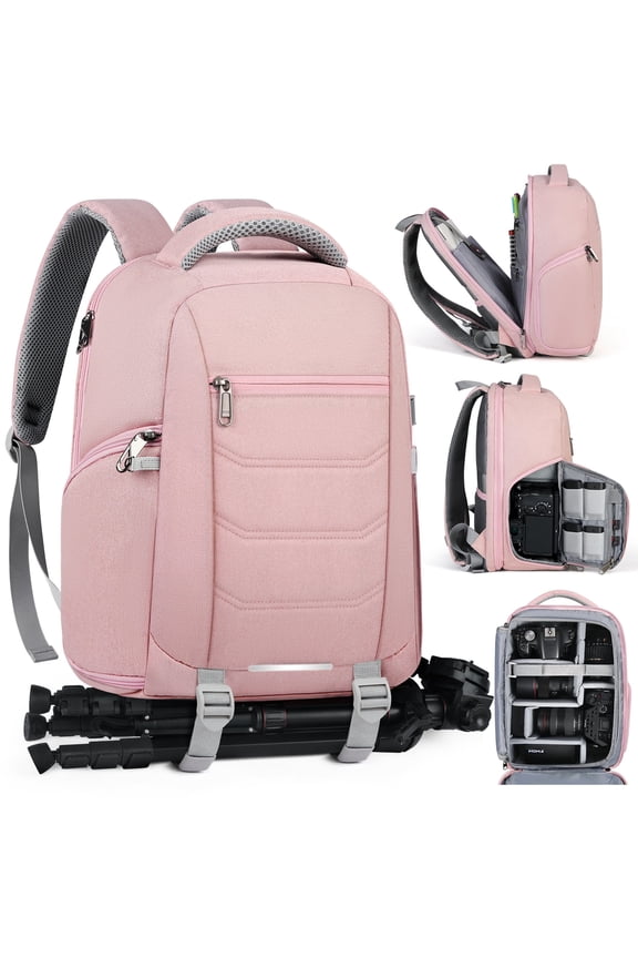 14 Inch Laptop Bag Camera Backpack with Rain Cover Anti Theft Travel Case Waterproof Large Capacity Photography Backpack,Pink