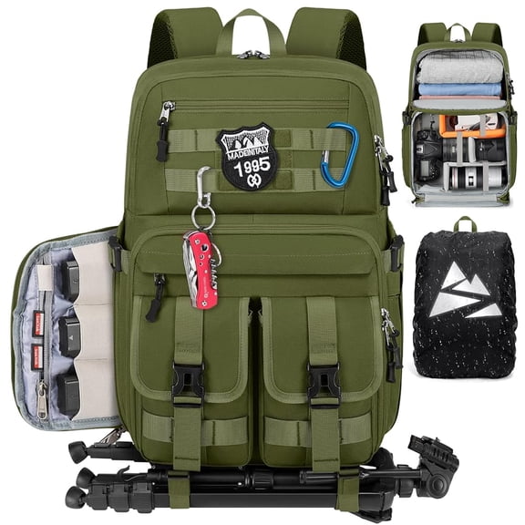 RAINSMORE 15.6 Inch Camera Bags Camera Backpack for Photographers Waterproof Camera Case with Rain Cover & Tripod Holder, Green