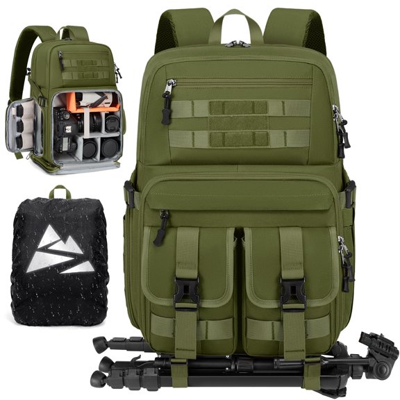 RAINSMORE 15.6 Inch Camera Bags Camera Backpack for Photographers Waterproof Camera Case with Rain Cover & Tripod Holder, Green