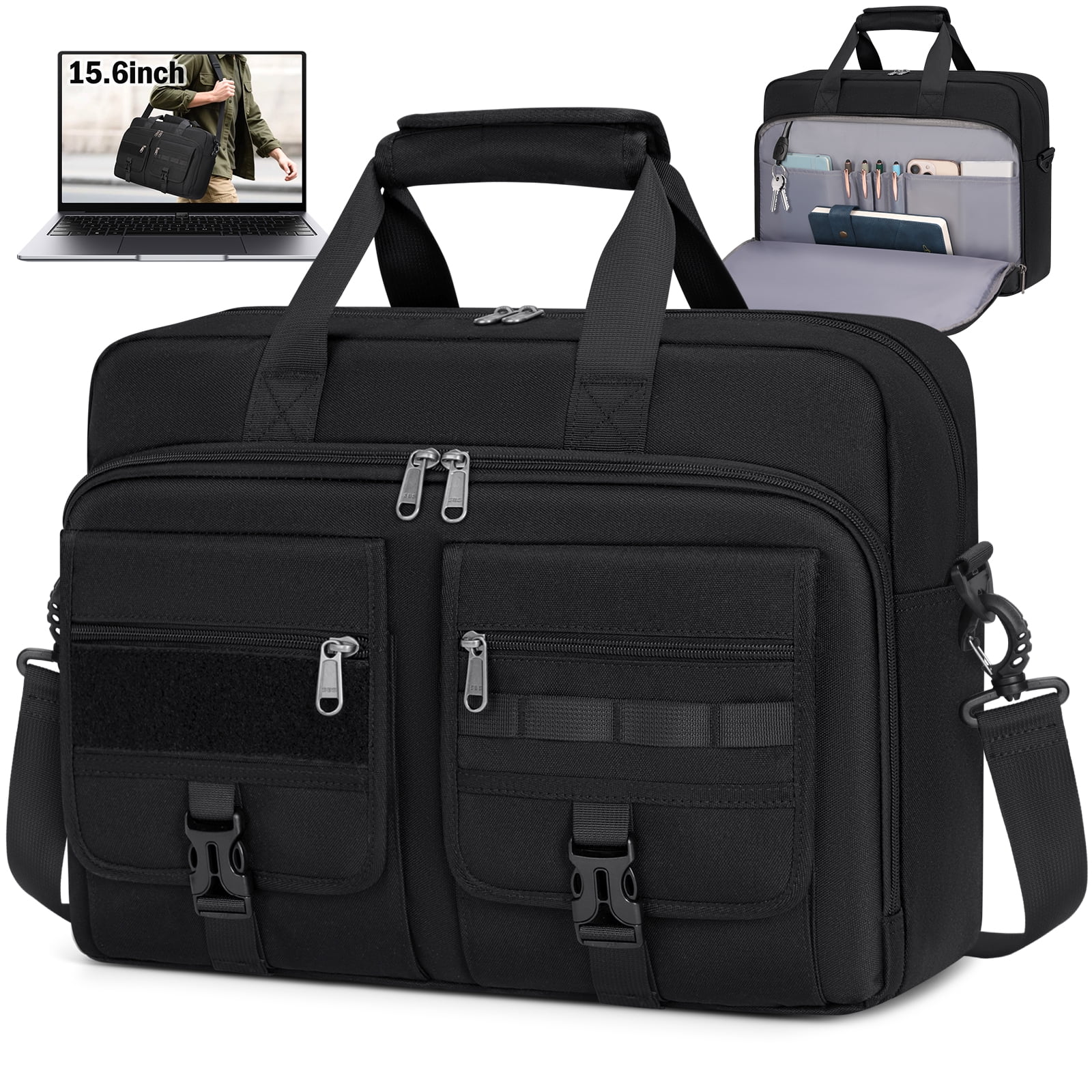 RAINSMORE 15.6 Inch Laptop Bag for Men Messenger Bag Business Laptop Briefcase with MOLLE System Large Travel,Black