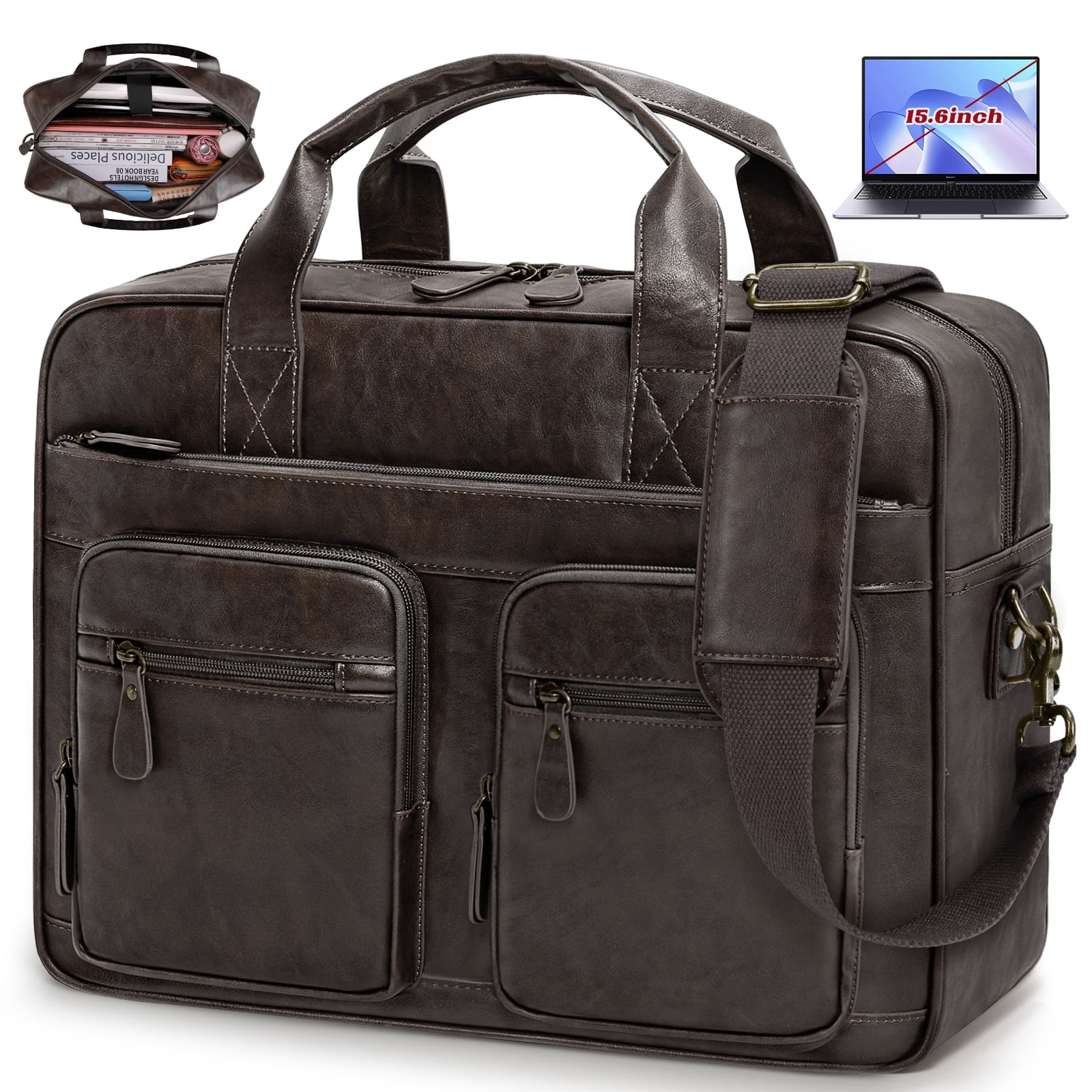 RAINSMORE 15.6 Inch Messenger Bag for Men Vintage PU Leather Laptop Bag Waterproof Computer Briefcases for Men Retro Mens Briefcase Satchel Bag for Work Office Business Travel,Coffee